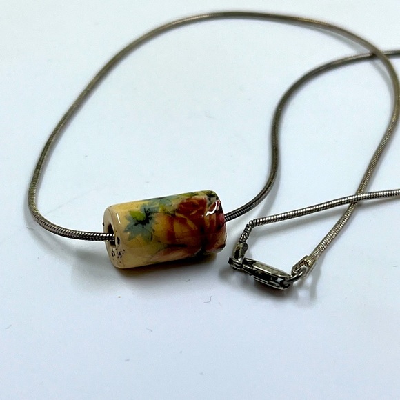 925 Sterling Silver Italy Vintage Wooden Hand Painted Dloral Bead Necklace - Picture 5 of 6